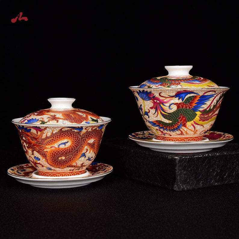手繪琺瑯茶杯150ml中國景德鎮陶瓷龍鳳蓋碗杯