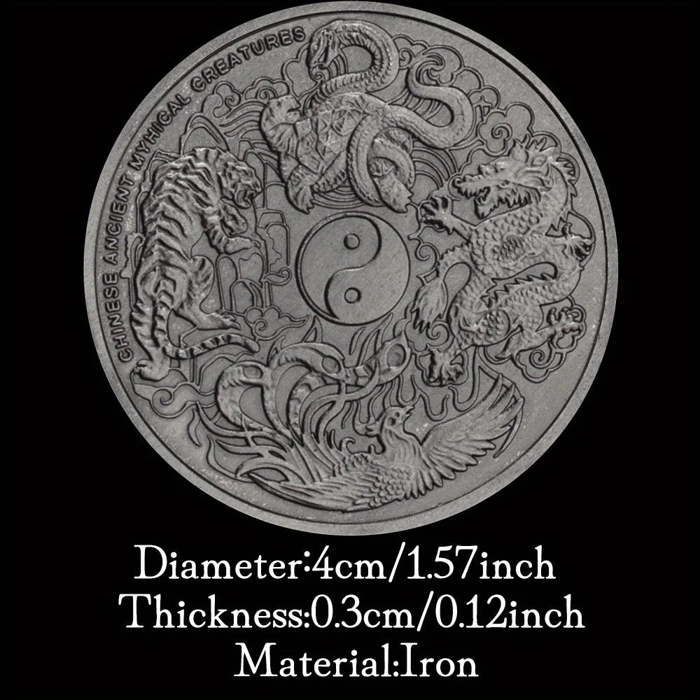 4 Great Mythical Creatures Blue Dragon Phoenix White Tiger Black Turtle Elizabeth II Head silvery Plated Commemorative Coin 1312-Chinese Style Finds™