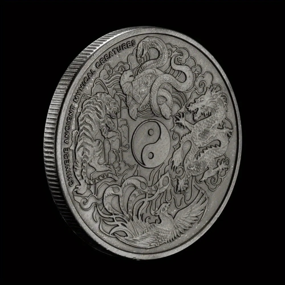 4 Great Mythical Creatures Blue Dragon Phoenix White Tiger Black Turtle Elizabeth II Head silvery Plated Commemorative Coin 1312-Chinese Style Finds™