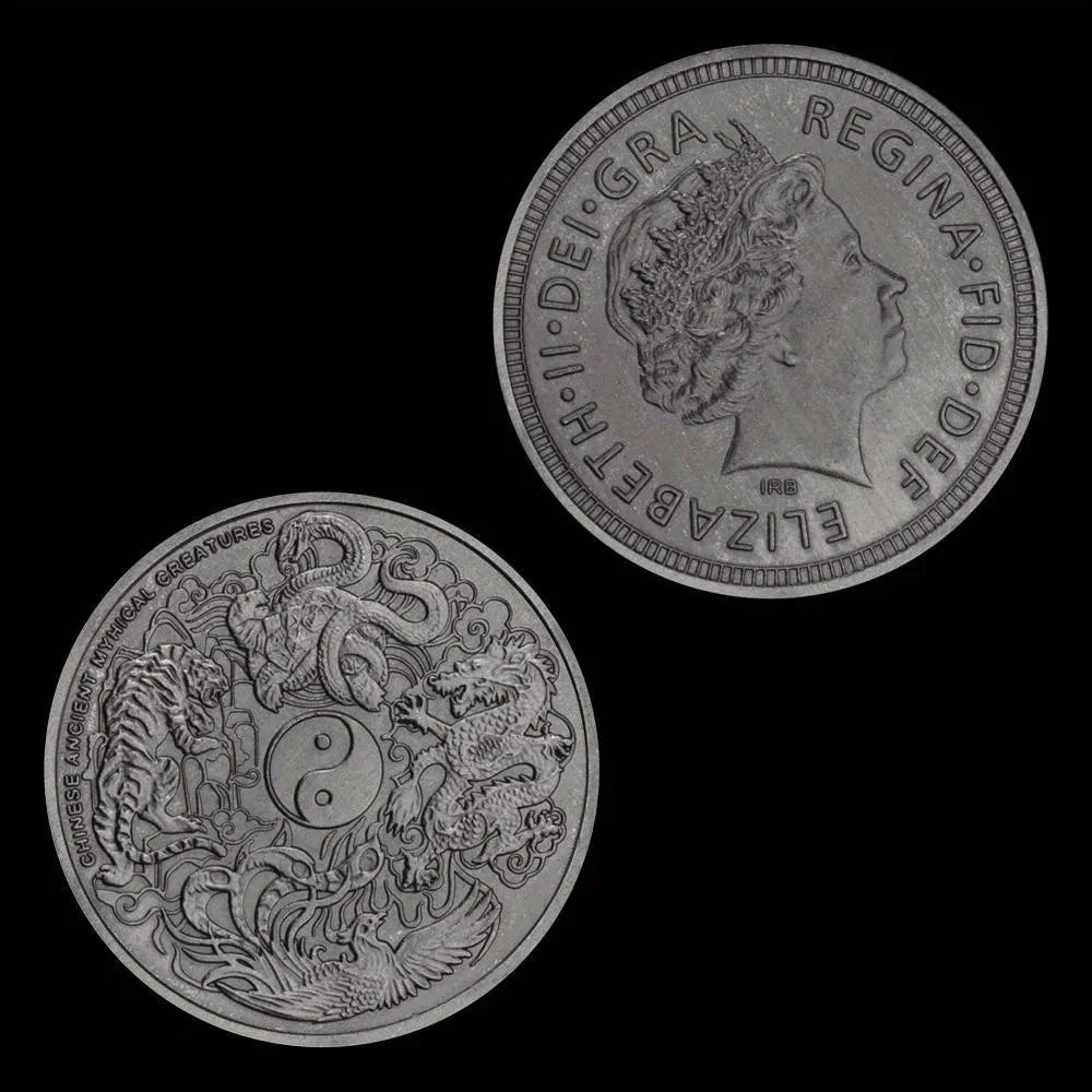 4 Great Mythical Creatures Blue Dragon Phoenix White Tiger Black Turtle Elizabeth II Head silvery Plated Commemorative Coin 1312-Chinese Style Finds™