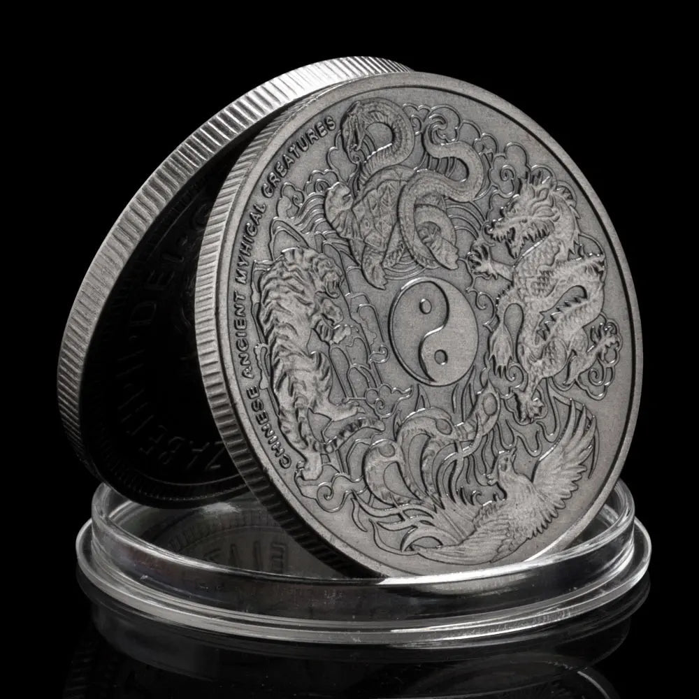 4 Great Mythical Creatures Blue Dragon Phoenix White Tiger Black Turtle Elizabeth II Head silvery Plated Commemorative Coin 1312-Chinese Style Finds™