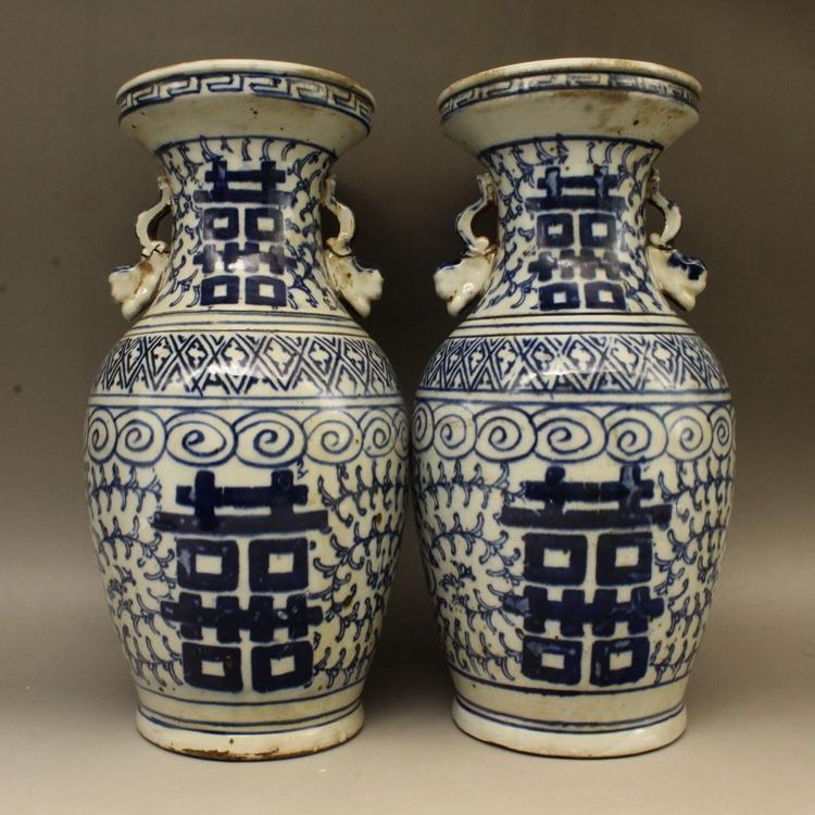 Blue And White Porcelain Vase 1 Pair Shuang Xi Flower Vase For Antique Home Decoration Art Collection Qing Dynasty Style-Chinese Style Finds™