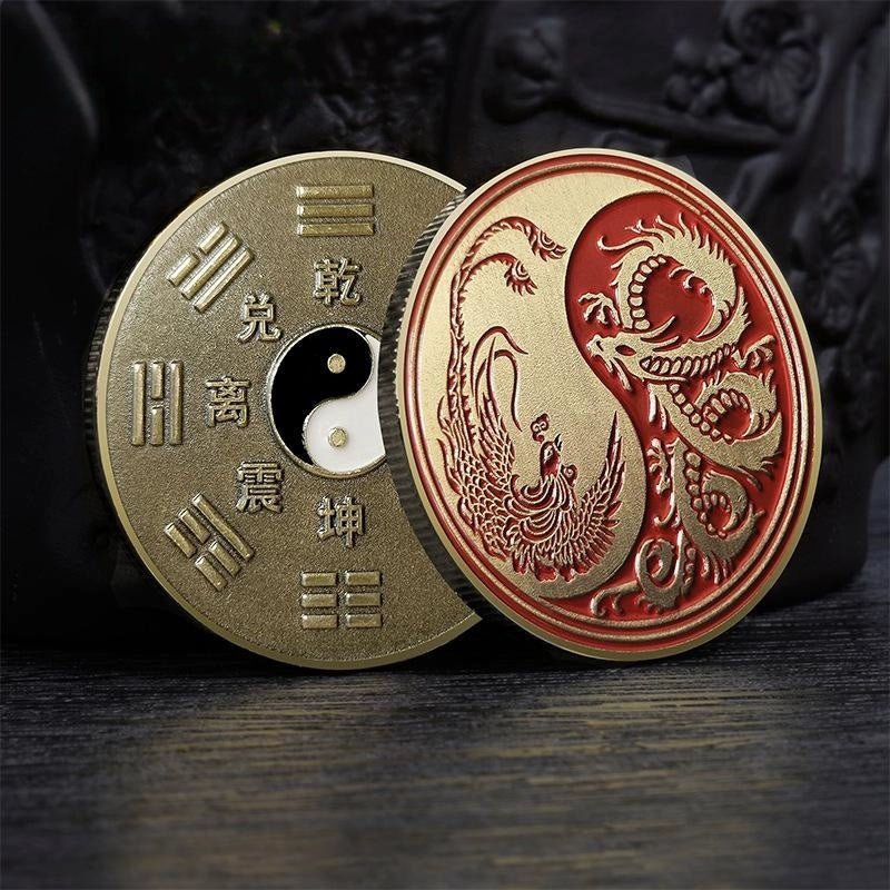 China dragon and phoenix Coin Fengshui Coins Unique Chinese Taichi Bagua yinyang 龙凤 2397-Chinese Style Finds™