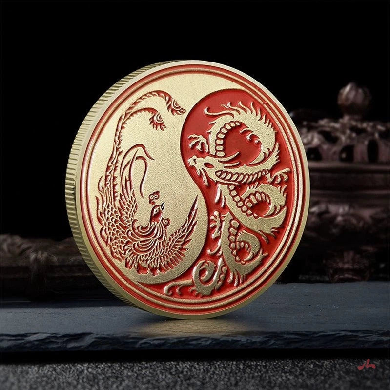 China dragon and phoenix Coin Fengshui Coins Unique Chinese Taichi Bagua yinyang 龙凤 2397-Chinese Style Finds™