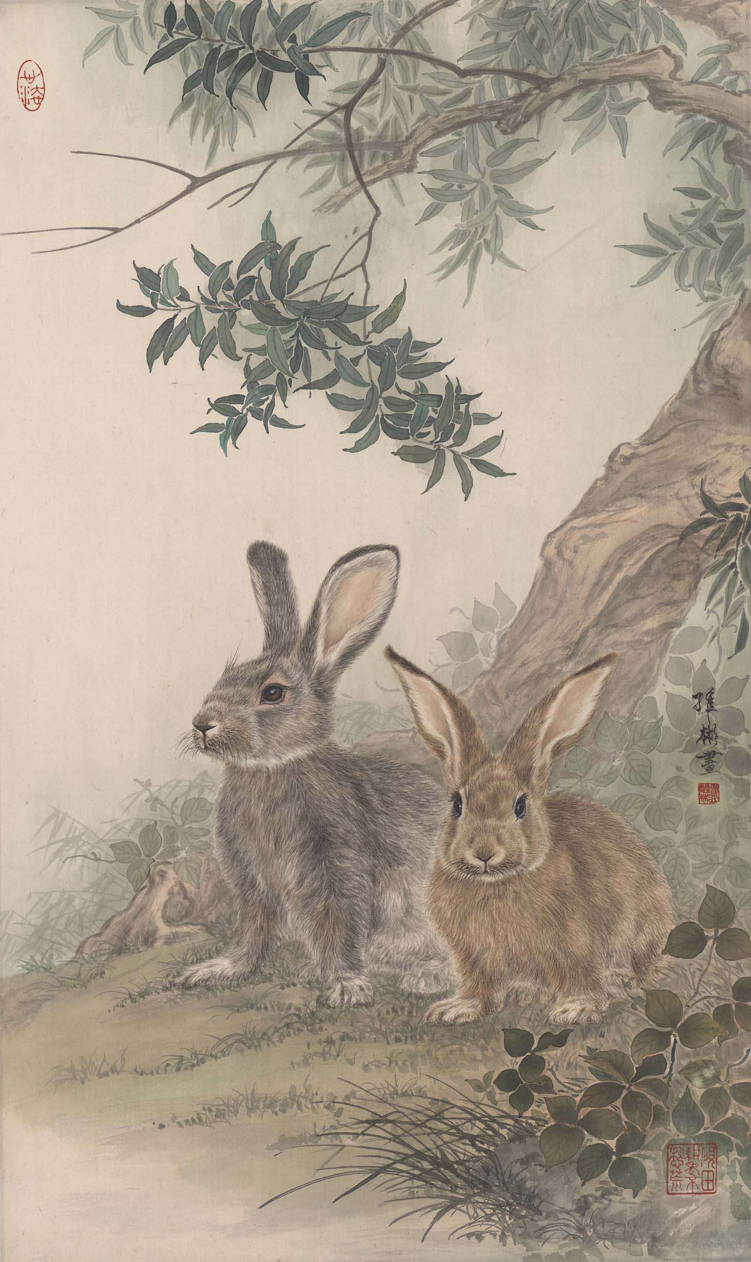 Chinese Antique Art Painting 邓维彬 双兔 Deng Weibin 2 Rabbits China Ancient Wall Picture Ideas 4299-Chinese Style Finds™