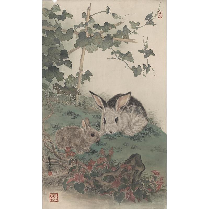 Chinese Antique Art Painting 邓维彬 双兔 Deng Weibin 2 Rabbits China Ancient Wall Picture Ideas 4299-Chinese Style Finds™