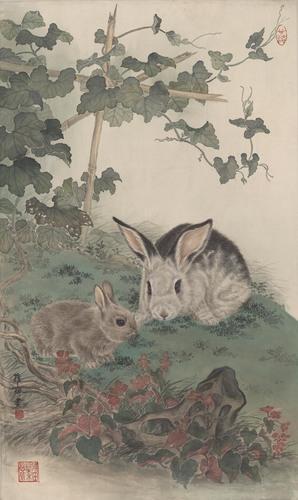 Chinese Antique Art Painting 邓维彬 双兔 Deng Weibin 2 Rabbits China Ancient Wall Picture Ideas 4299-Chinese Style Finds™