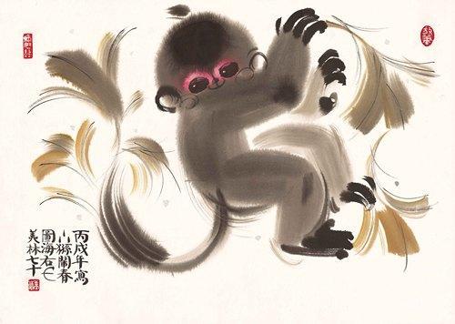 Chinese Antique Art Painting 韩美林 双猴 Han Meilin 2 Monkeys China Ancient Wall Picture Ideas 3419-Chinese Style Finds™