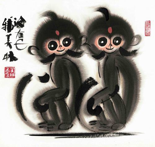 Chinese Antique Art Painting 韩美林 双猴 Han Meilin 2 Monkeys China Ancient Wall Picture Ideas 3419-Chinese Style Finds™