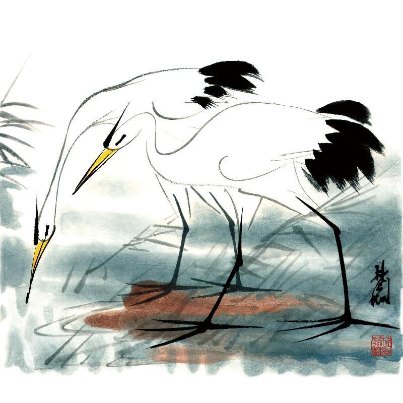 Chinese Antique Art Painting 林风眠 双鹤 Lin Fengmian Shuang He Crane China Ancient Wall Picture Ideas 4287-Chinese Style Finds™