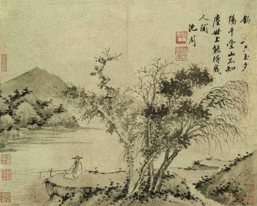 Chinese Antique Art Painting 明 沈周 落花诗意图 垂钓图 杖藜远眺国 Ming Shen Zhou China Ancient Wall Picture Ideas 2158-Chinese Style Finds™