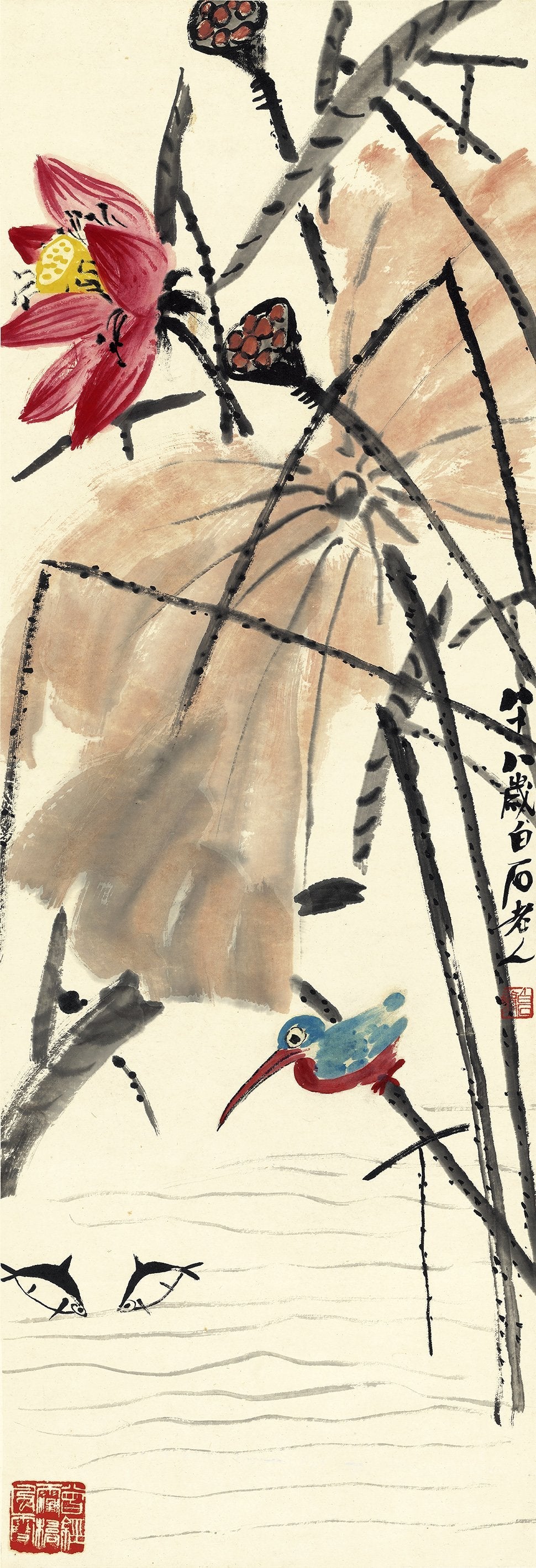 Chinese Antique Art Painting 齐白石 荷花翠鸟 Qi Baishi Louts Flower Bird China Ancient Wall Picture Ideas 3061-Chinese Style Finds™