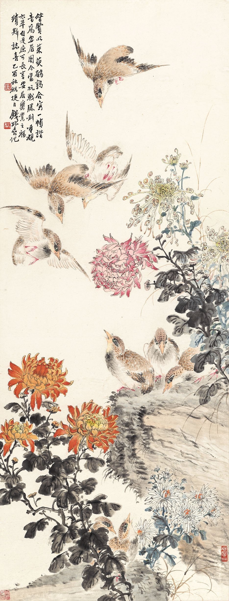 Chinese Antique Art Painting 钱松岩 鹌鹑恰鸣 Qian Songyan Birds Singing China Ancient Wall Picture Ideas 4539-Chinese Style Finds™