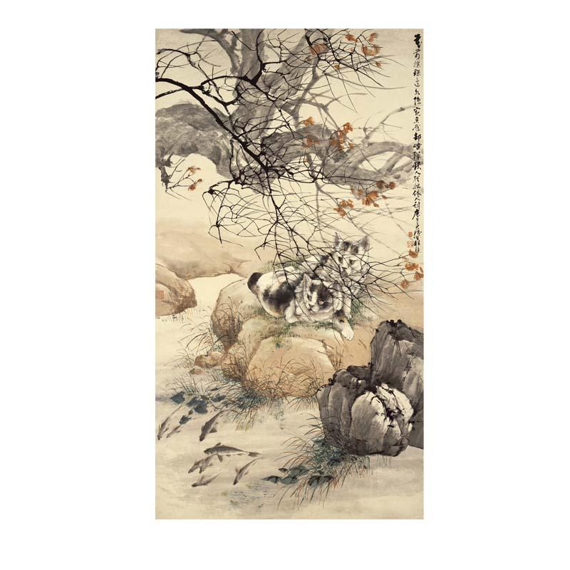 Chinese Antique Art Painting 清 程璋 双猫窥鱼图 Qing Cheng Zhang Shuang Mao Kui Yu Cat Fish China Ancient Wall Picture Ideas 2327-Chinese Style Finds™