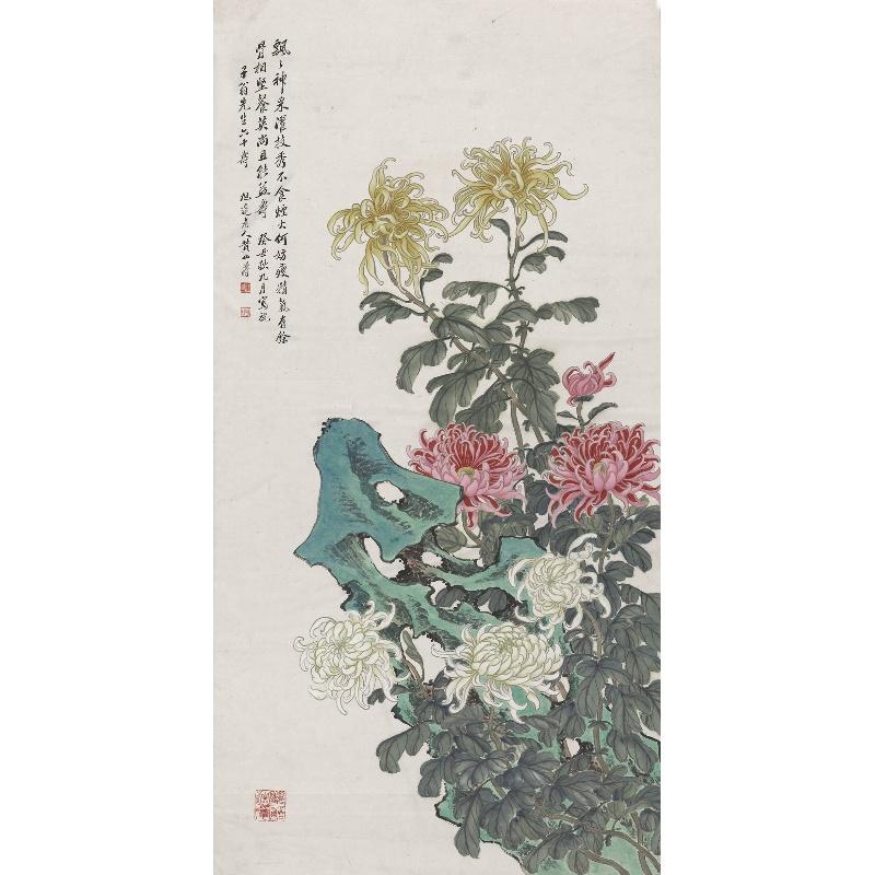 Chinese Antique Art Painting 清 黄山寿 菊石延年图 Qing Huang Shanshou Chrysanthemum China Ancient Wall Picture Ideas 4493-Chinese Style Finds™