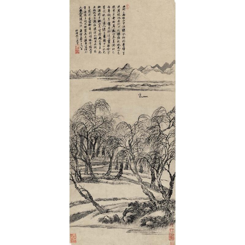 Chinese Antique Art Painting 清 王翚 柳岸江洲图 Qing Wang Hui Liu An Jiang Zhou China Ancient Wall Picture Ideas 2717-Chinese Style Finds™