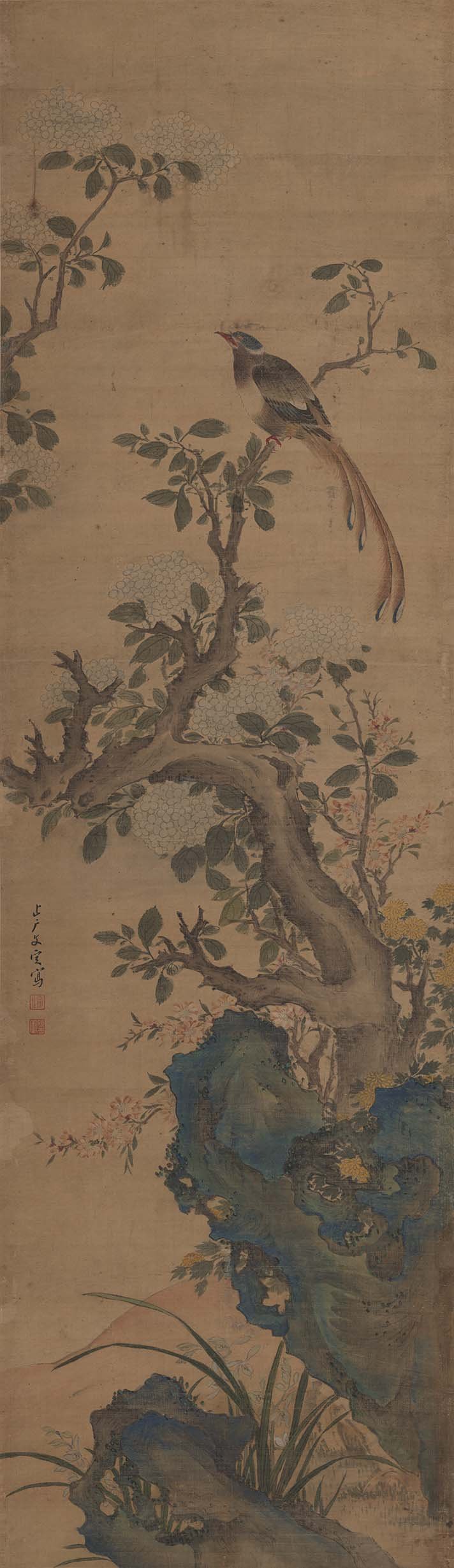 Chinese Antique Art Painting 清 文定 绣球春鸟图 Qing Wen Ding Spring Bird China Ancient Wall Picture Ideas 4339-Chinese Style Finds™