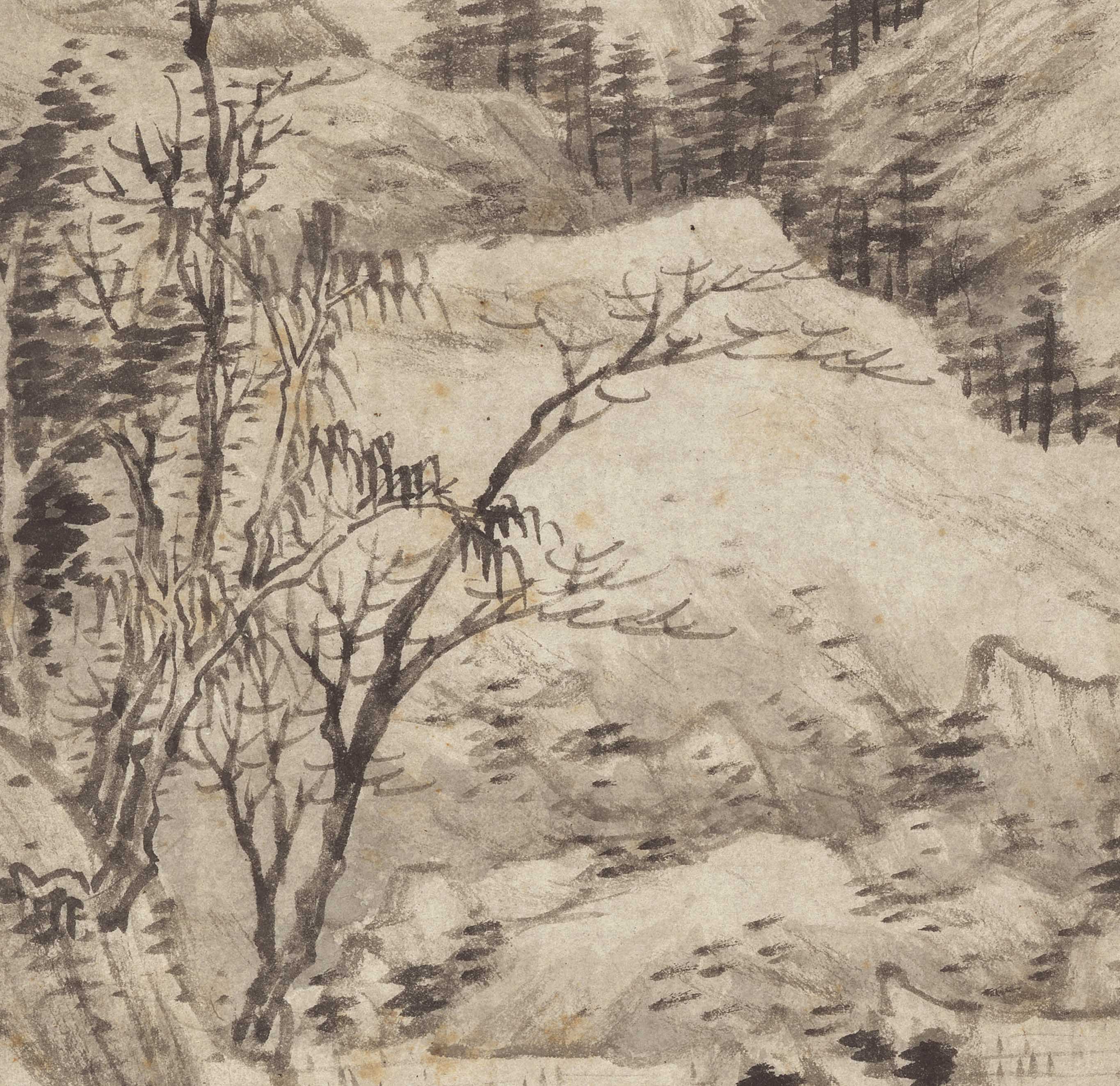 Chinese Antique Art Painting 清 祝山嘲 仿倪去林山水 Qing Zhu Shanchao Shan Shui Landscape China Ancient Wall Picture Ideas 2487-Chinese Style Finds™