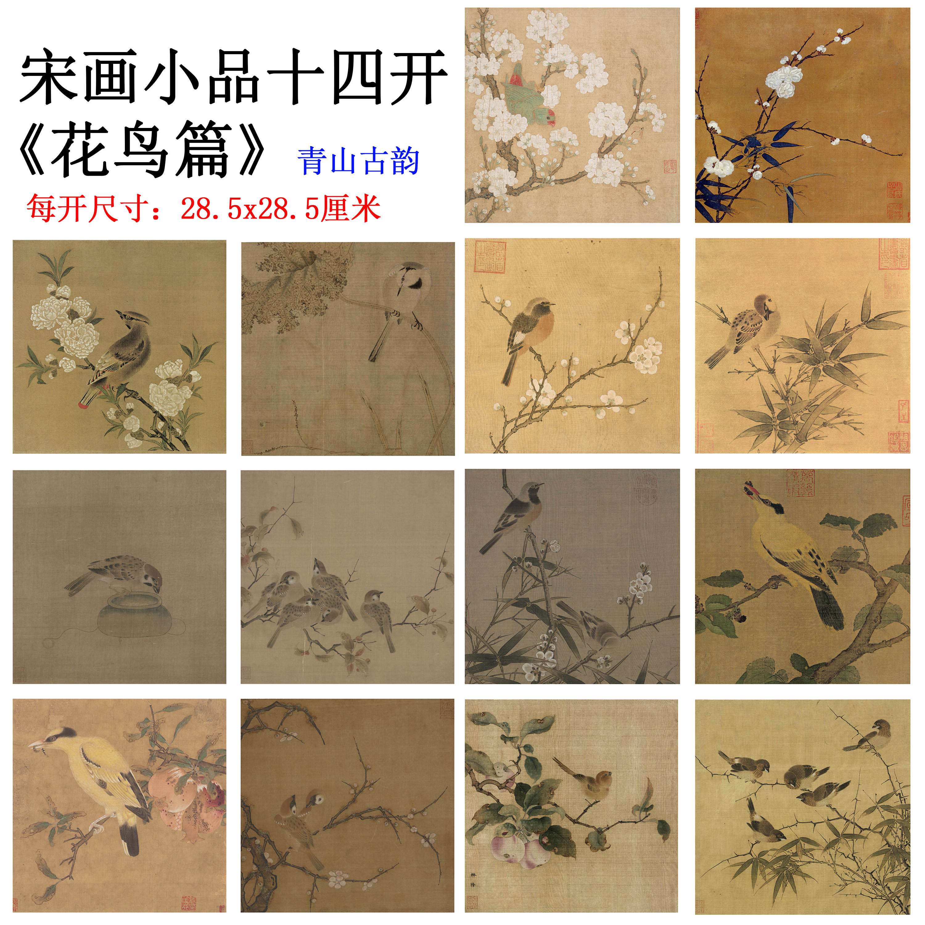 Chinese Antique Art Painting 宋画小品花鸟图册十四幅合集斗方28.5x28.5cm Song Birds Flowers China Ancient Wall Picture Ideas 4173-Chinese Style Finds™