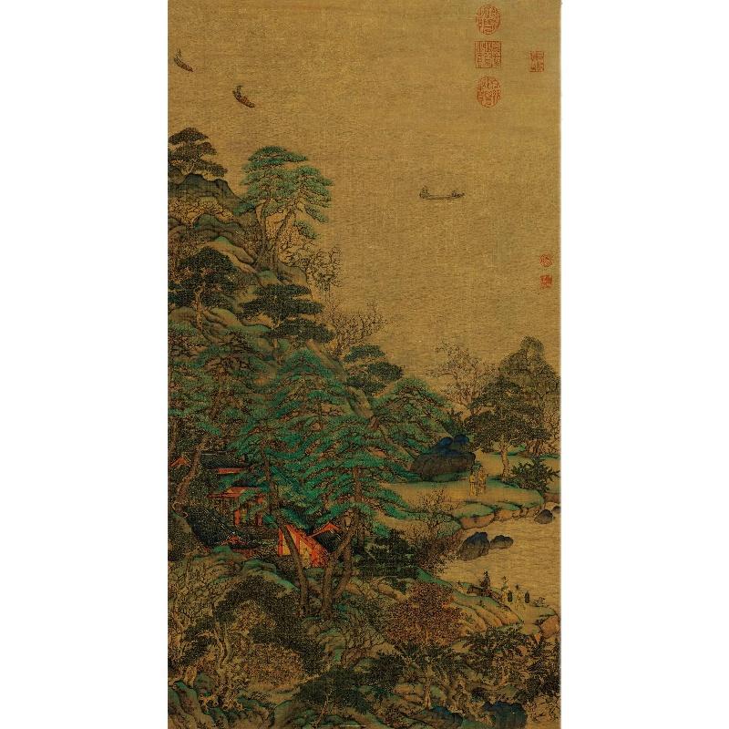 Chinese Antique Art Painting 唐 李思训 江帆楼阁图 Tang Li Si Xun Jiang Fan Lou Ge Tu China Ancient Wall Picture Ideas 1186-Chinese Style Finds™