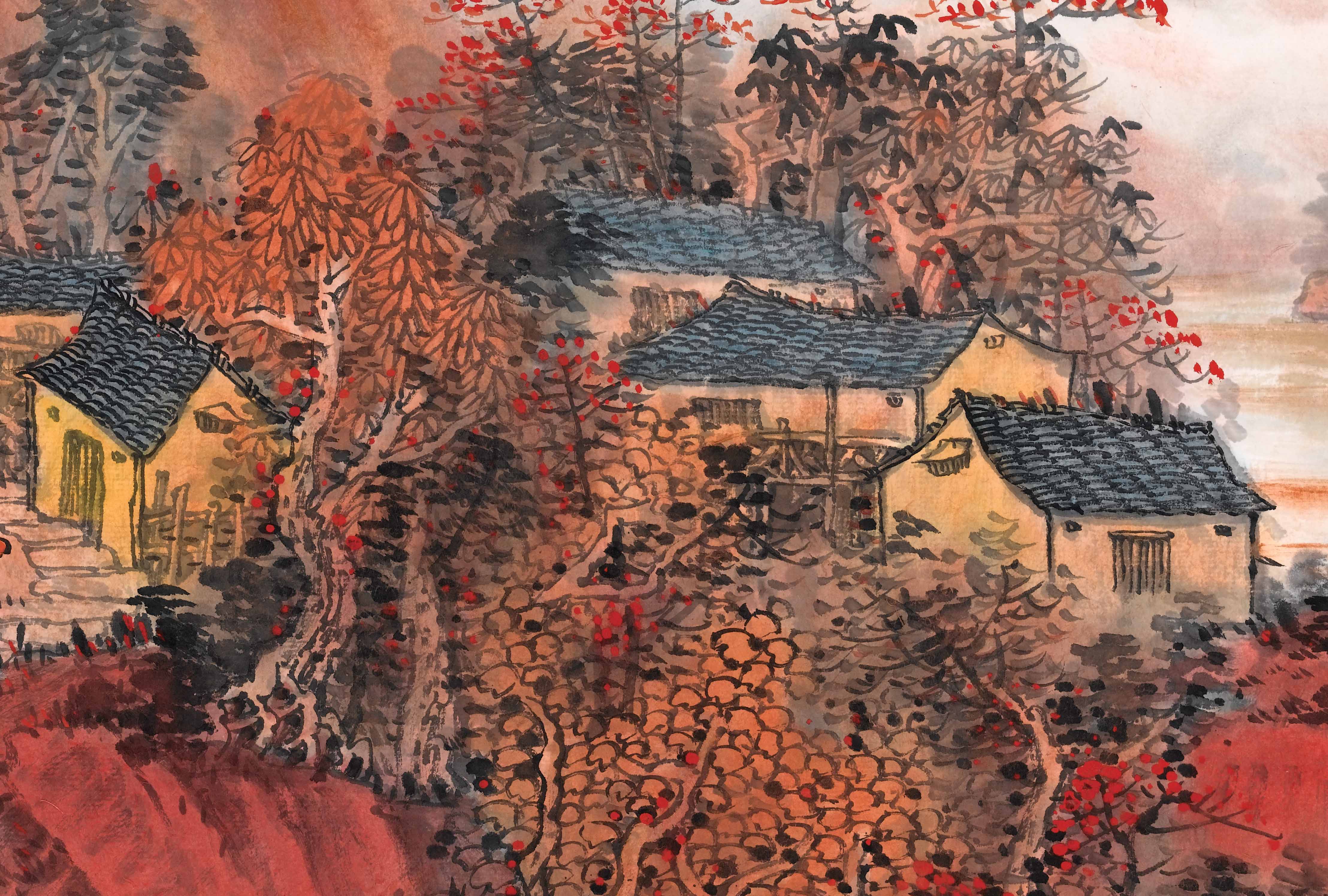 Chinese Antique Art Painting 吴广 红色江山万年长 Wu Guang Red Shanshui Landscape China Ancient Wall Picture Ideas 4303-Chinese Style Finds™