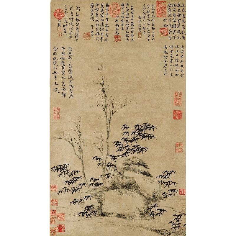 Chinese Antique Art Painting 元 倪瓒 古木竹石图 Yuan Ni Zan Gu Mu Zhu Shi Tu China Ancient Wall Picture Ideas 2142-Chinese Style Finds™