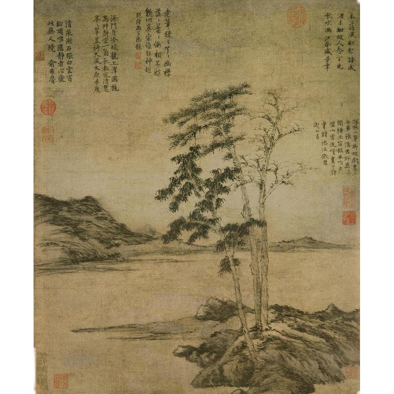 Chinese Antique Art Painting 元 倪瓒 疏林图轴 Yuan Ni Zan Shu Lin Tu China Ancient Wall Picture Ideas 2106-Chinese Style Finds™