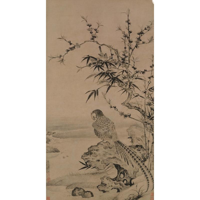 Chinese Antique Art Painting 元 王渊 桃竹锦鸡图 Yuan Wang Yuan Tao Zhu Jin Ji Tu China Ancient Wall Picture Ideas 1710-Chinese Style Finds™