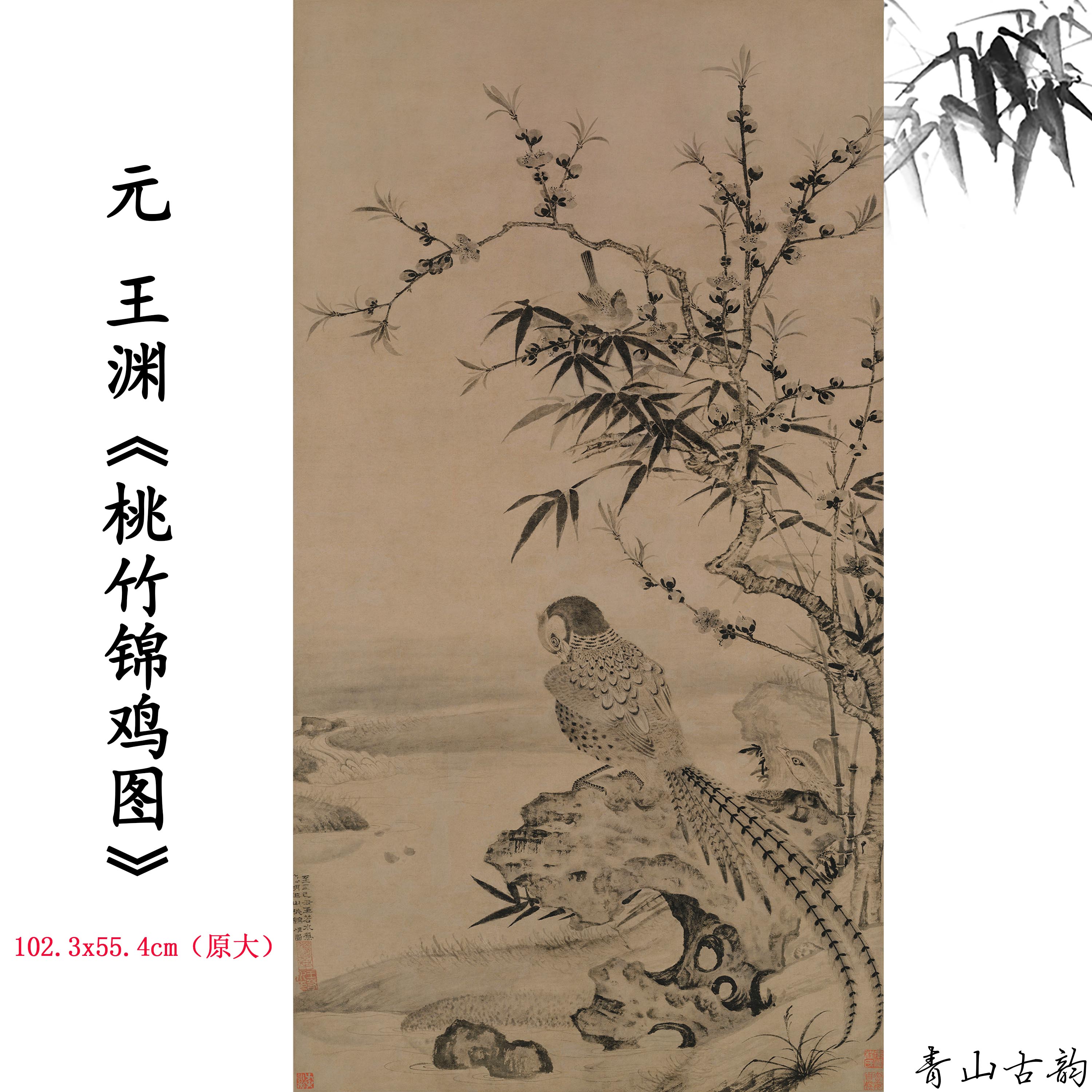 Chinese Antique Art Painting 元 王渊 桃竹锦鸡图 Yuan Wang Yuan Tao Zhu Jin Ji Tu China Ancient Wall Picture Ideas 1710-Chinese Style Finds™