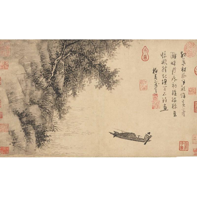 Chinese Antique Art Painting 元 吴镇 芦滩钓艇图 Yuan Wu Zhen Fishing China Ancient Wall Picture Ideas 4505-Chinese Style Finds™