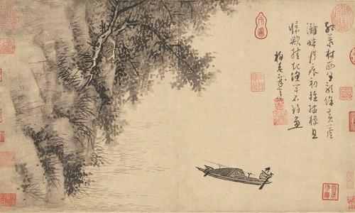 Chinese Antique Art Painting 元 吴镇 芦滩钓艇图 Yuan Wu Zhen Fishing China Ancient Wall Picture Ideas 4505-Chinese Style Finds™