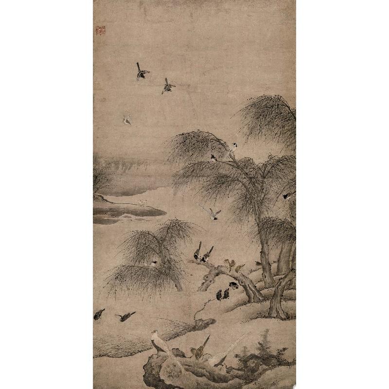 Chinese Antique Art Painting 元 夏叔文 柳塘聚禽图 Yuan Xia Shuwen Willow China Ancient Wall Picture Ideas 4233-Chinese Style Finds™