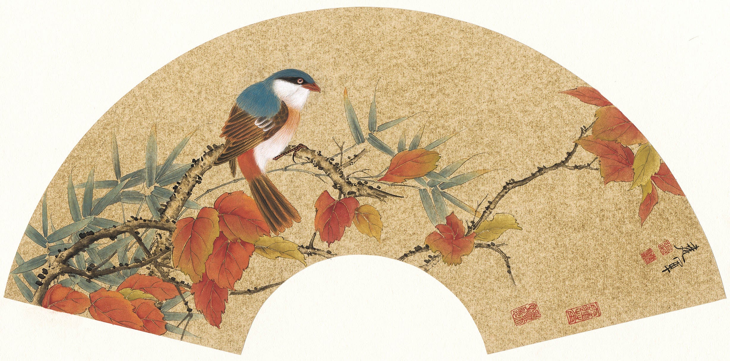 Chinese Antique Art Painting 张建军 扇面金丝小鸟 Zhang Jianjun Fans Birds China Ancient Wall Picture Ideas 4193-Chinese Style Finds™