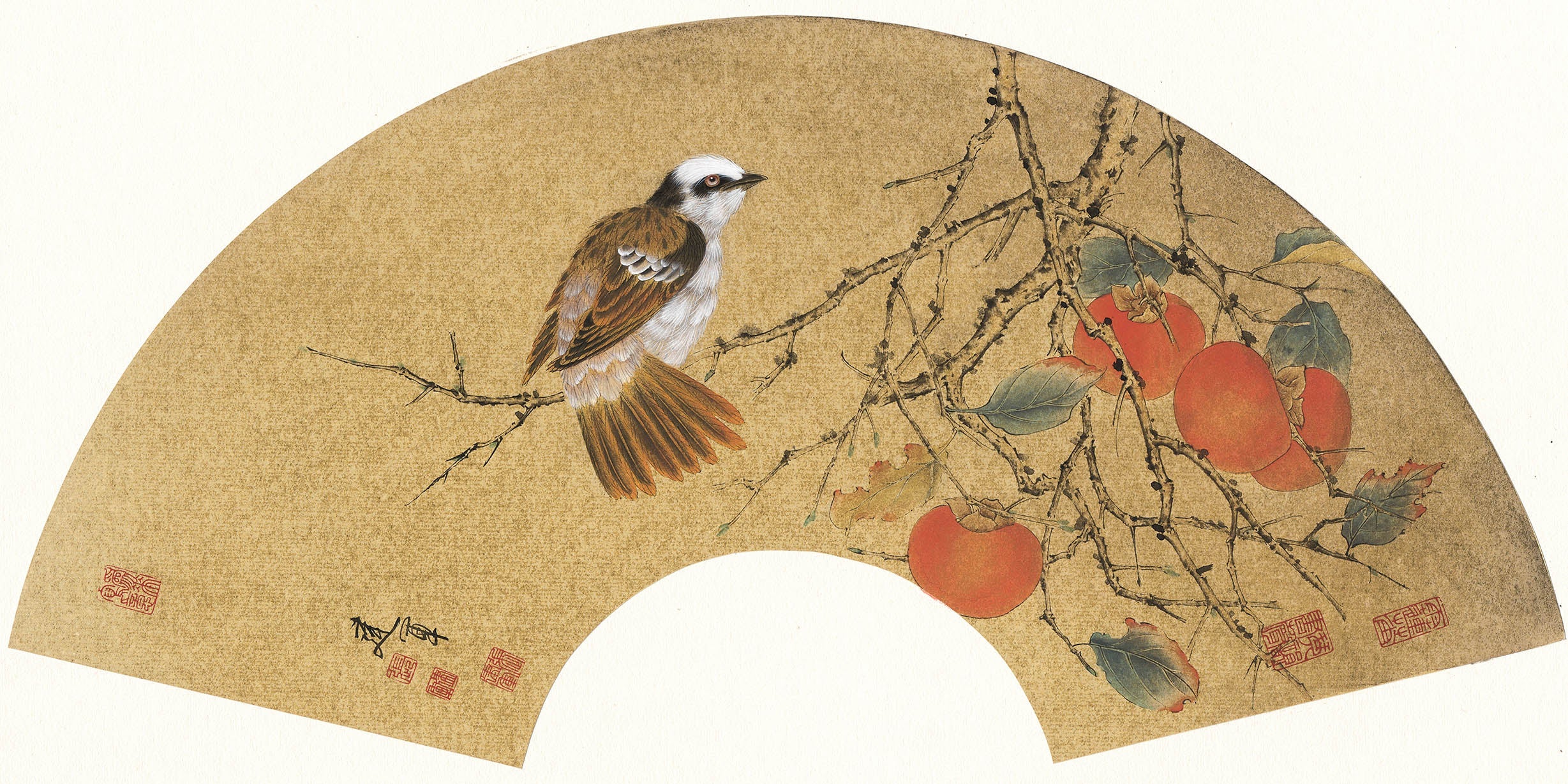 Chinese Antique Art Painting 张建军 扇面金丝小鸟 Zhang Jianjun Fans Birds China Ancient Wall Picture Ideas 4193-Chinese Style Finds™