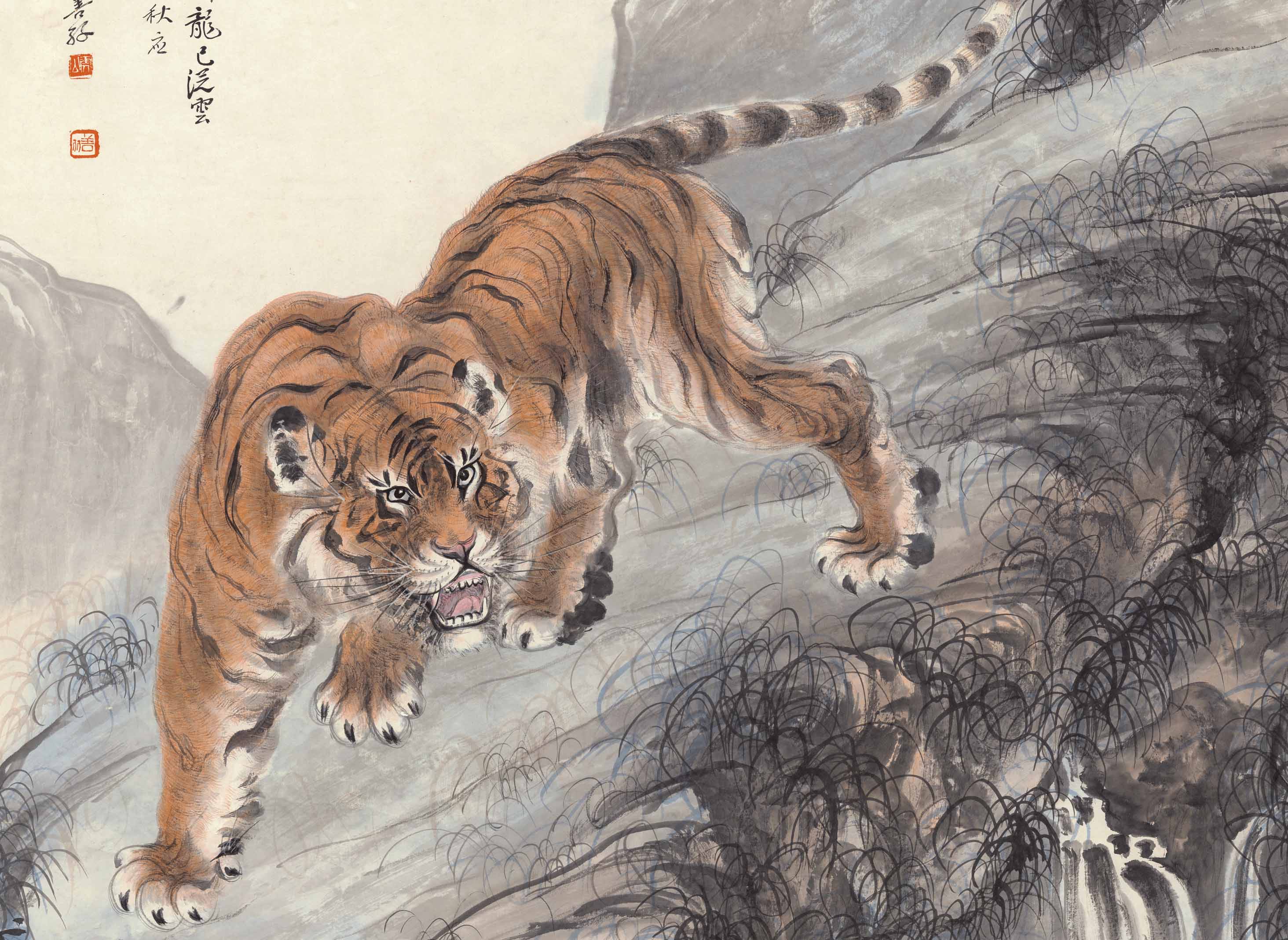 Chinese Antique Art Painting 张善子 林岩虎啸图 Zhang Shanzi Lin Yan Hu Xiao Tiger China Ancient Wall Picture Ideas 3183-Chinese Style Finds™