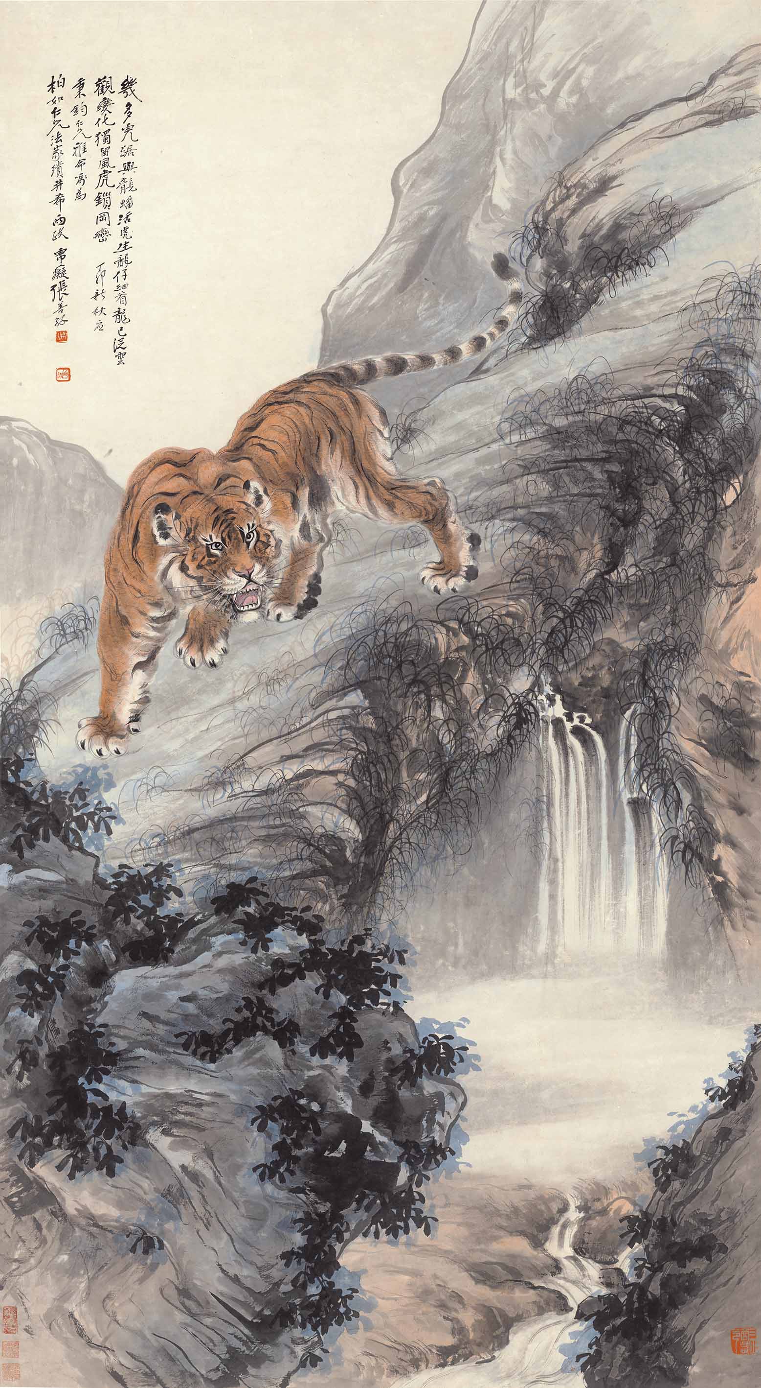 Chinese Antique Art Painting 张善子 林岩虎啸图 Zhang Shanzi Lin Yan Hu Xiao Tiger China Ancient Wall Picture Ideas 3183-Chinese Style Finds™