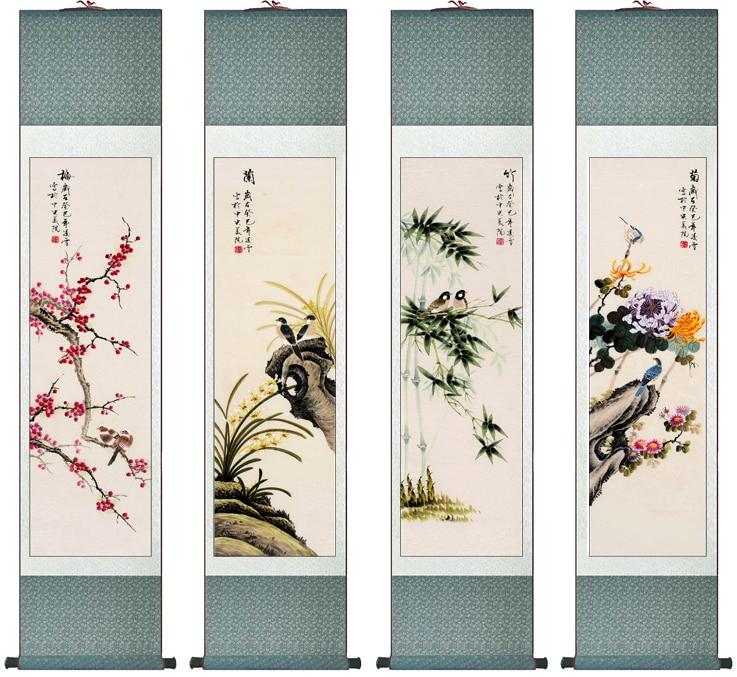 Chinese Art Scroll Painting 4Pcs/Lot Flower Ancient Silk Picture Wall Ideas 13534-Chinese Style Finds™