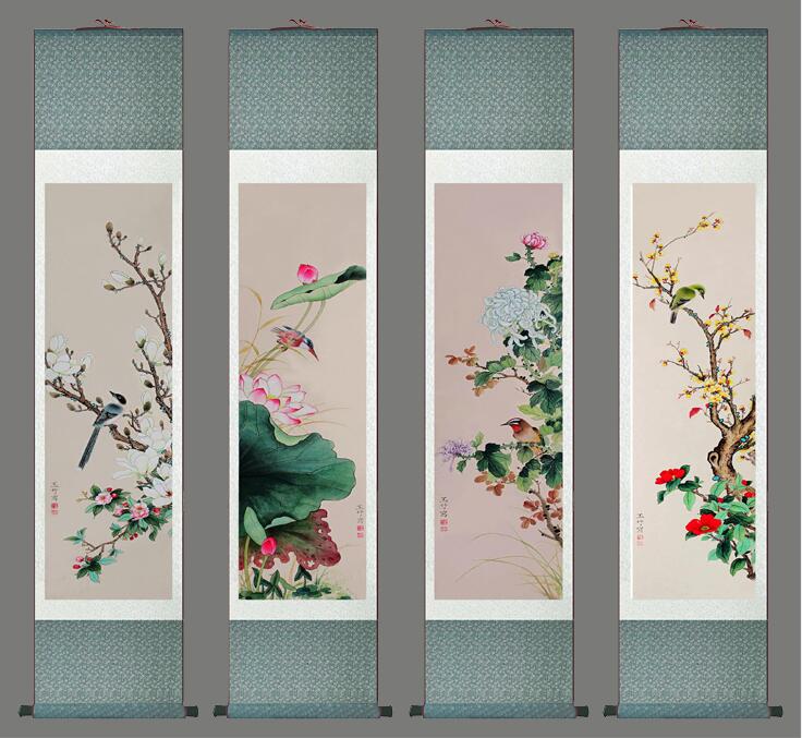 Chinese Art Scroll Painting 4Pcs/Lot Flower Ancient Silk Picture Wall Ideas 13536-Chinese Style Finds™