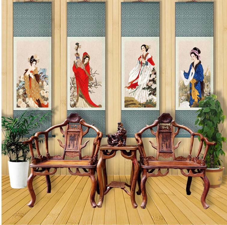 Chinese Art Scroll Painting 4Pcs/Lot Pretty Girls Beautiful Women Ancient Silk Picture Wall Ideas 12006-Chinese Style Finds™