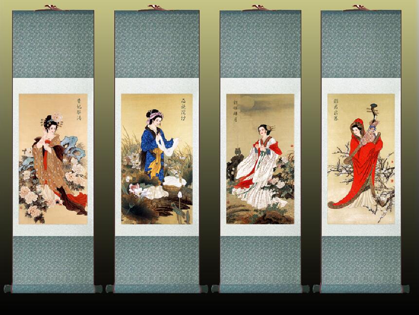 Chinese Art Scroll Painting 4Pcs/Lot Pretty Girls Beautiful Women Ancient Silk Picture Wall Ideas 12006-Chinese Style Finds™