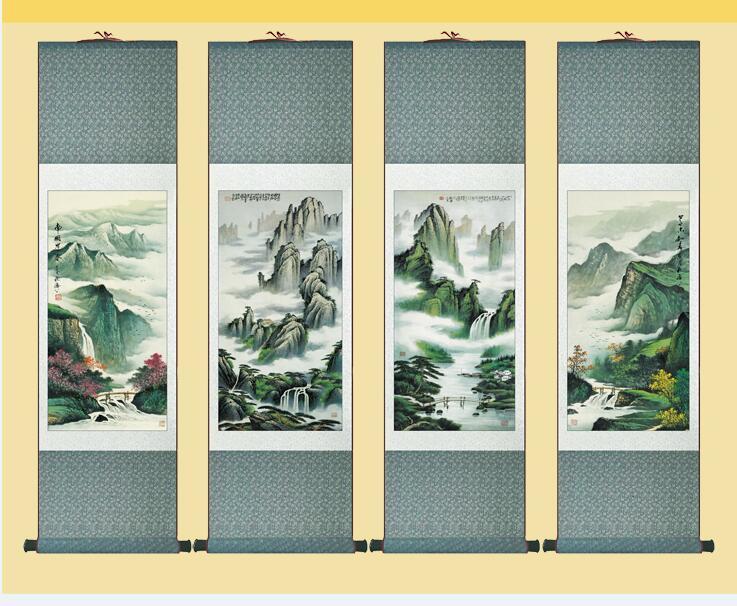 Chinese Art Scroll Painting 4Pcs/Lot Shanshui People Landscape Ancient Silk Picture Wall Ideas 12002-Chinese Style Finds™