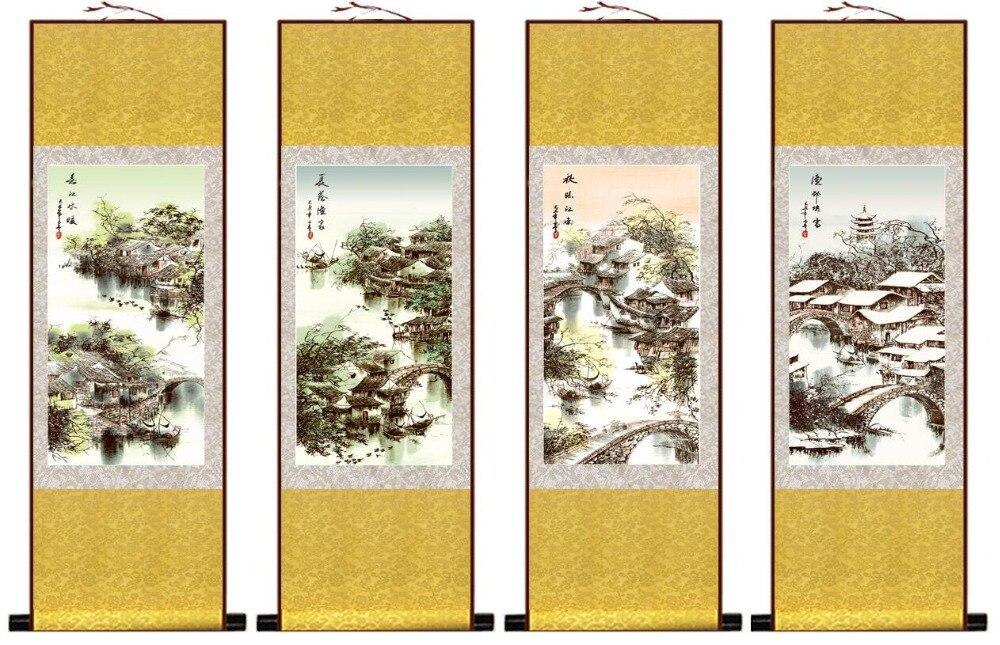 Chinese Art Scroll Painting 4Pcs/Lot Shanshui People Landscape Ancient Silk Picture Wall Ideas 13510-Chinese Style Finds™