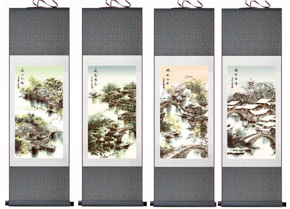 Chinese Art Scroll Painting 4Pcs/Lot Shanshui People Landscape Ancient Silk Picture Wall Ideas 13510-Chinese Style Finds™