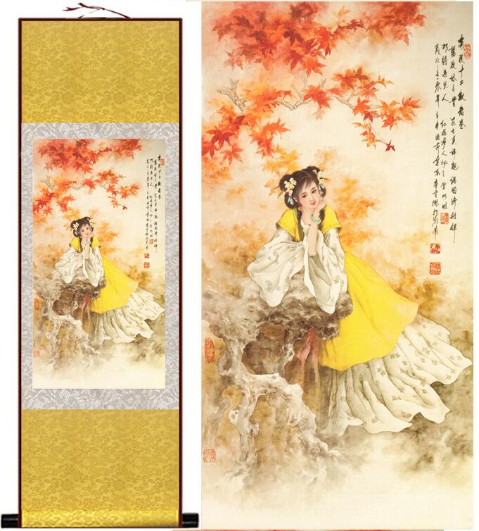 Chinese Art Scroll Painting A Dream Red Mansions Qiaojie Ancient Silk Picture Wall Ideas 11950-Chinese Style Finds™