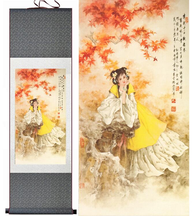 Chinese Art Scroll Painting A Dream Red Mansions Qiaojie Ancient Silk Picture Wall Ideas 11950-Chinese Style Finds™