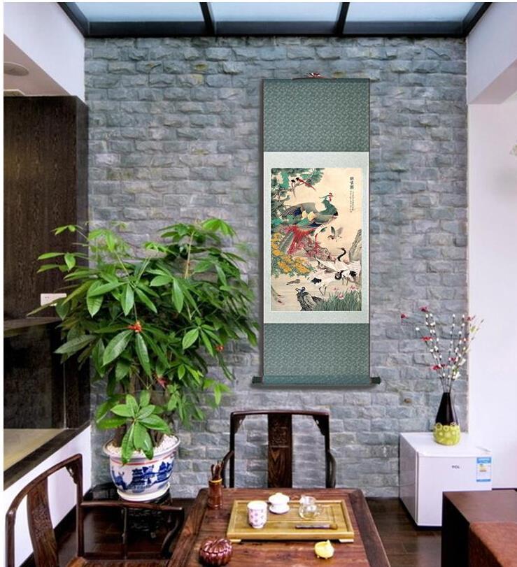 Chinese Art Scroll Painting A Hundred Animal Birds Are Paying Homage To A Phoenix Ancient Silk Picture Wall Ideas 10672-Chinese Style Finds™