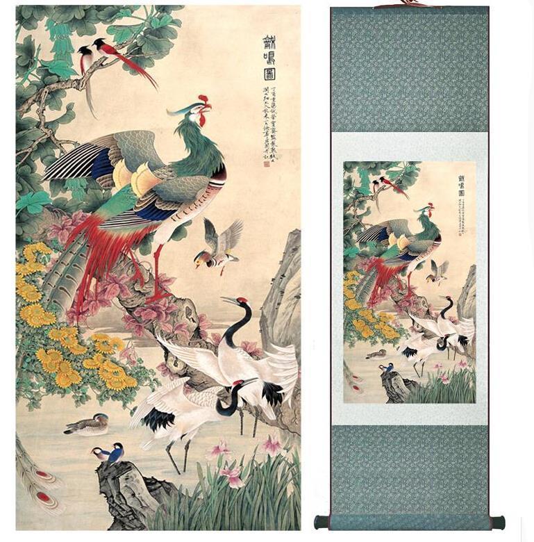 Chinese Art Scroll Painting A Hundred Animal Birds Are Paying Homage To A Phoenix Ancient Silk Picture Wall Ideas 10672-Chinese Style Finds™