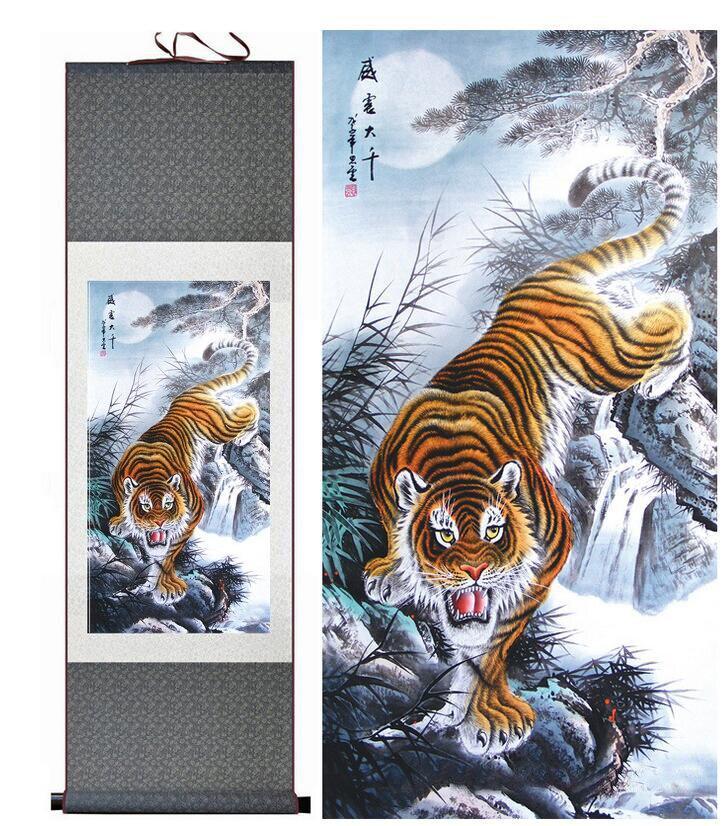 Chinese Art Scroll Painting Animal Animal Tiger Ancient Silk Picture Wall Ideas 10338-Chinese Style Finds™