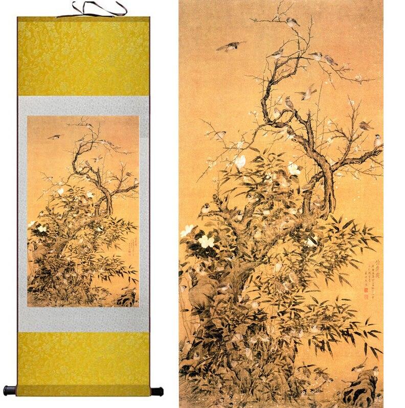 Chinese Art Scroll Painting Animal Birds And Flower Ancient Silk Picture Wall Ideas 10578-Chinese Style Finds™