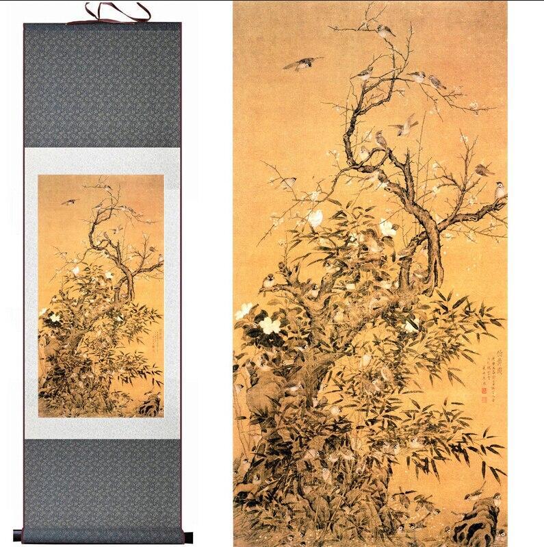 Chinese Art Scroll Painting Animal Birds And Flower Ancient Silk Picture Wall Ideas 10578-Chinese Style Finds™